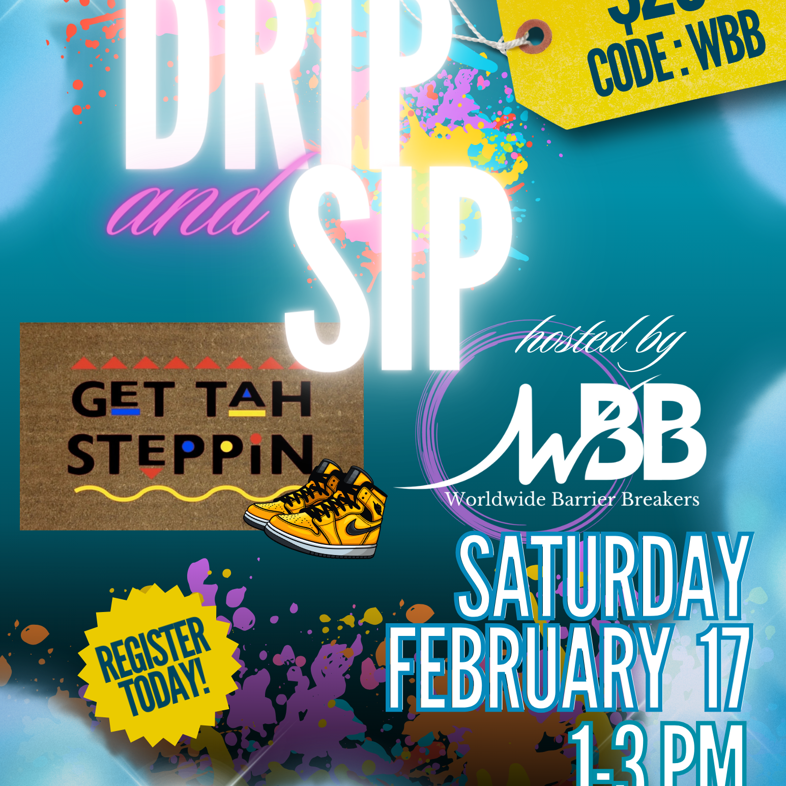 Event flyer for Drip and Sip on February 17, 2024.